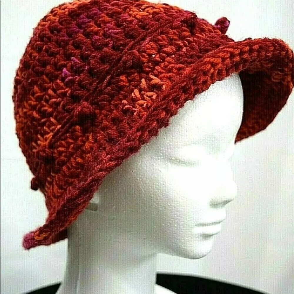 BUCKET HAT CAP FLAPPER  RED ORANGE PINK BRIM HANDMADE IN USA CROCHET